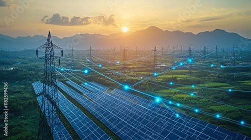 Solar panels and power lines in green landscape at sunset