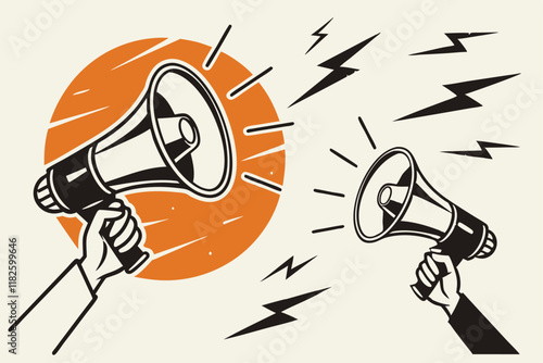 Megaphones, hands holding loudspeakers, orange circle background, black and white contrast, lightning bolts, scratched texture, dramatic announcement, activism concept, powerful communication, graphic