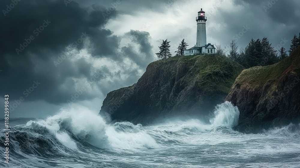 Lighthouse on a cliff during a stormy sea. Lighthouse on a cliff during a stormy sea.