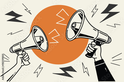 Megaphones, hands holding loudspeakers, orange circle background, black and white contrast, lightning bolts, scratched texture, dramatic announcement, activism concept, powerful communication, graphic