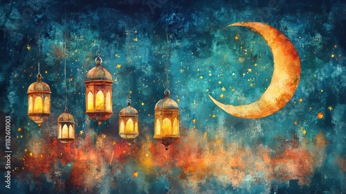 Watercolor-style lanterns and crescent moon creating a vibrant and festive border, Ramadan background photo