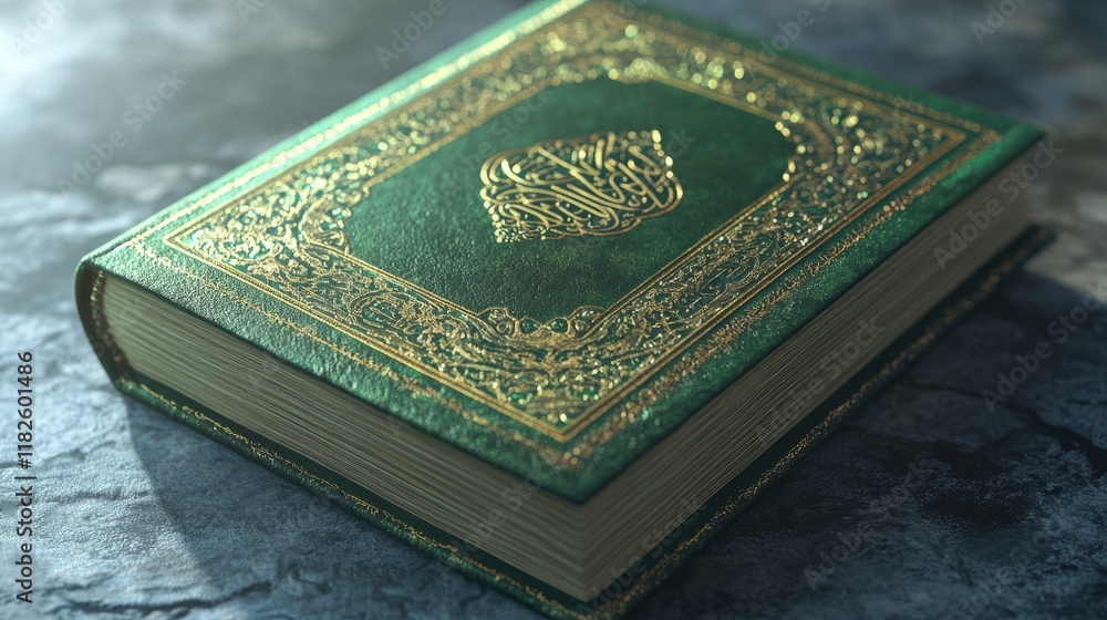 Fototapeta premium Ornate green quran with gold embellishments on stone surface