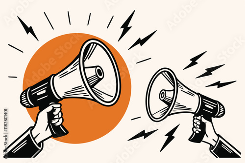 Megaphones, hands holding loudspeakers, orange circle background, black and white contrast, lightning bolts, scratched texture, dramatic announcement, activism concept, powerful communication, graphic