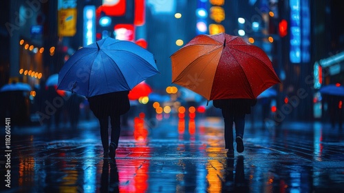 Wallpaper Mural Rainy night city street, two people with umbrellas. Torontodigital.ca