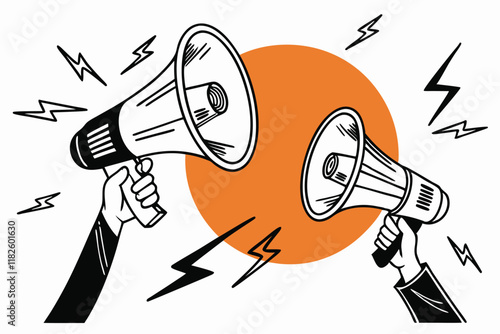 Megaphones, hands holding loudspeakers, orange circle background, black and white contrast, lightning bolts, scratched texture, dramatic announcement, activism concept, powerful communication, graphic