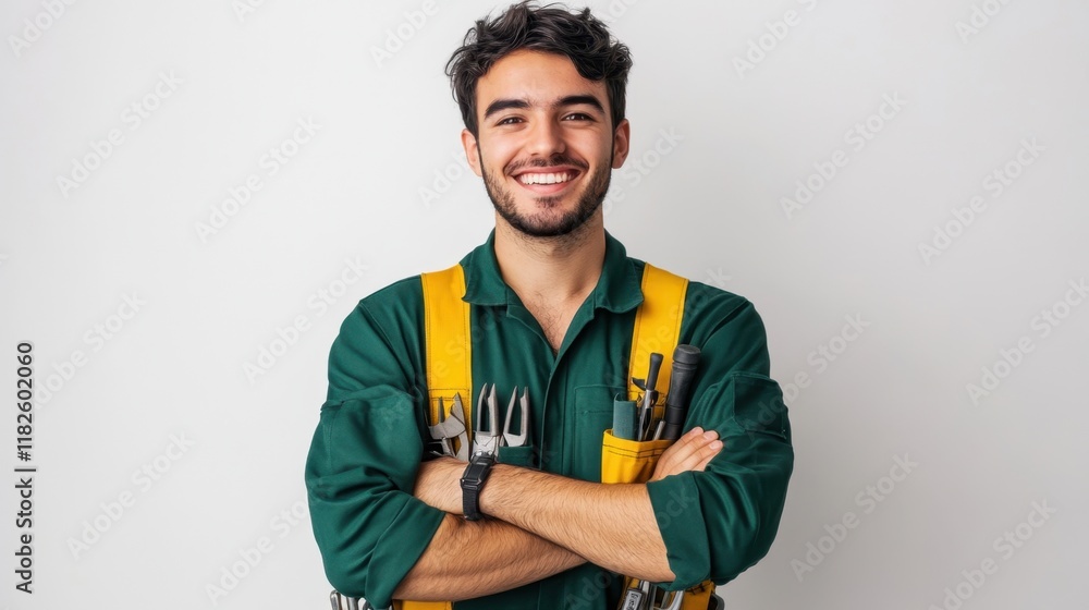 A young man in a work uniform smiles confidently while crossing his arms
A young man in a work uniform smiles confidently while crossing his arms