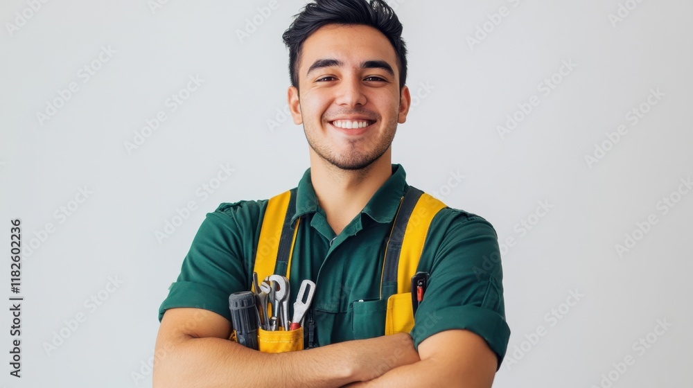 A young man in a work uniform smiles confidently while crossing his arms
A young man in a work uniform smiles confidently while crossing his arms