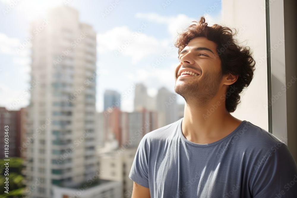Happy man enjoying the sunlight in a modern apartment with a stunning city view Happy man enjoying the sunlight in a modern apartment with a stunning city view