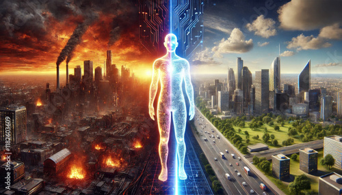 An AGI divides a dystopian city and a utopian future landscape