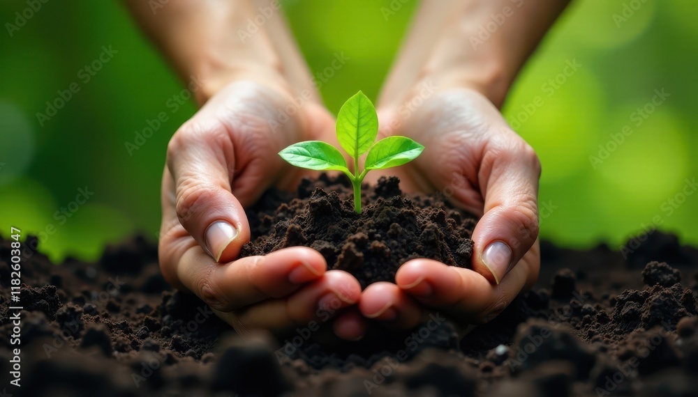 Caressing hands protect fragile new plant life emerging from dark earth against lush green , nurturing, closeup Caressing hands protect fragile new plant life emerging from dark earth against lush green , nurturing, closeup