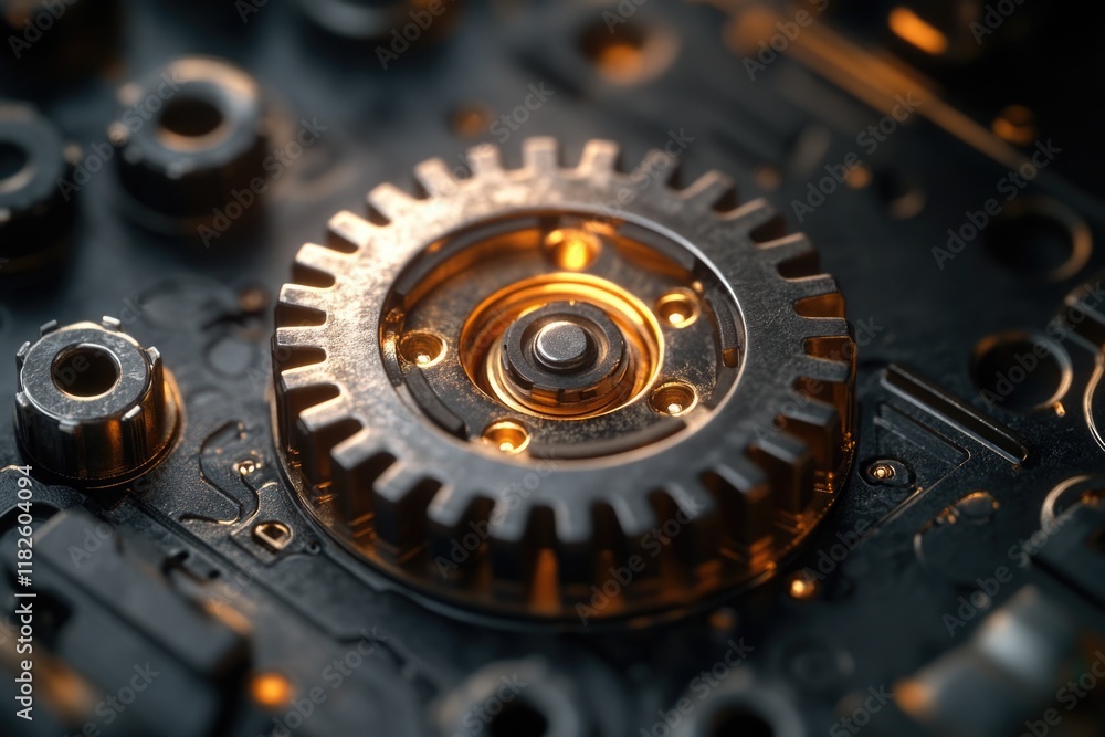 Close-up view of a metal gear wheel with teeth and precision engineering details Close-up view of a metal gear wheel with teeth and precision engineering details