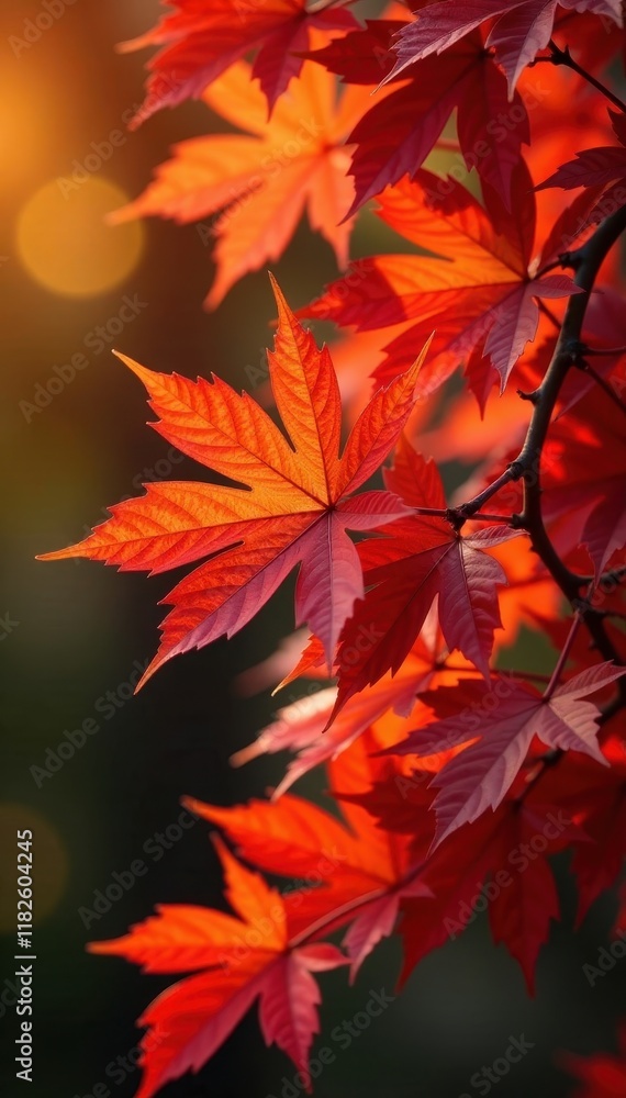 Close-up vibrant autumn foliage, red and gold leaves, leaves, detail Close-up vibrant autumn foliage, red and gold leaves, leaves, detail