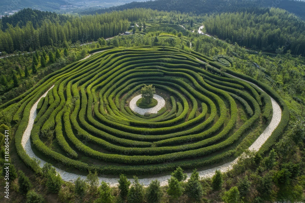 Exploring the enchanting spiral maze nestled in lush greenery, showcasing nature's artistry under a clear blue sky Exploring the enchanting spiral maze nestled in lush greenery, showcasing nature's artistry under a clear blue sky