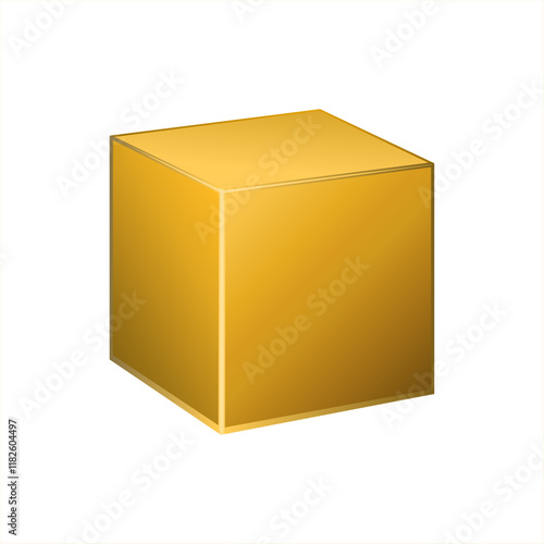 3d gold metallic cube isolated on white background. Realistic vector geometric shape, marketing pedestal, advertising stage display. Golden box. Single orange object. Bright gold abstract decoration