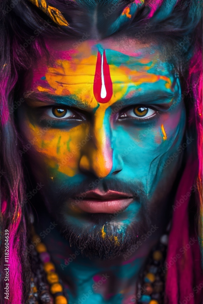 Fototapeta premium Vibrant colorful paint on young male with intense gaze
