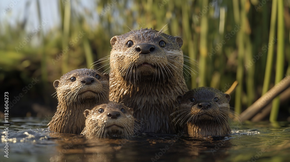 Otter family portrait, wetland habitat, wildlife Otter family portrait, wetland habitat, wildlife