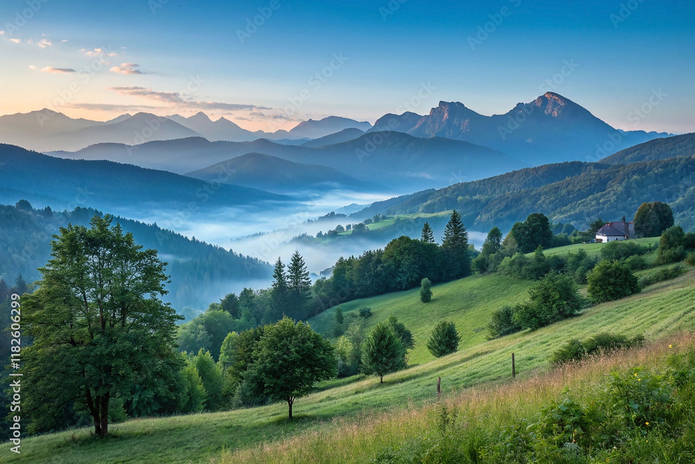 Misty sunrise over rolling hills and mountains. Misty sunrise over rolling hills and mountains.