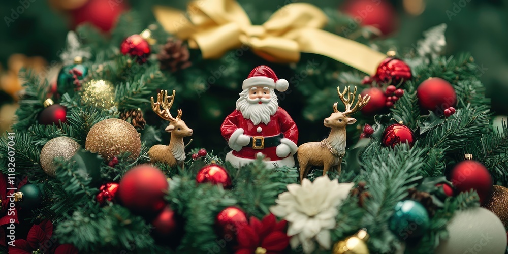 Fototapeta premium Christmas wreath with figurines of reindeer and festive decorations perfect for holiday decor