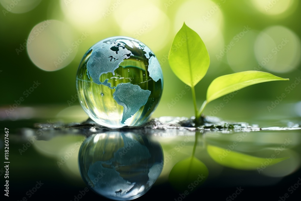 Glass globe and small plant growing near water with reflections and green bokeh background representing environmental conservation Glass globe and small plant growing near water with reflections and green bokeh background representing environmental conservation
