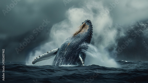 A humpback whale releasing a plume of bubbles, with its massive tail fin as the background, during an awe-inspiring dive photo