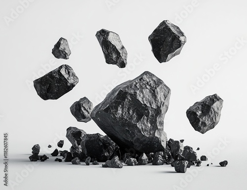 A few black meteorites of different sizes fall on the ground, against a white background