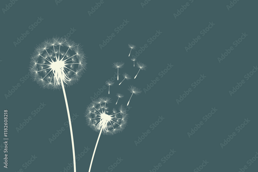 Vector illustration of dandelion time. Beautiful realistic Dandelion seeds blowing in the wind. The wind inflates a dandelion isolated in an editable evening background.