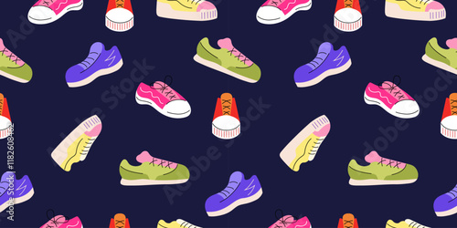 Colorful sneakers seamless pattern on a dark background