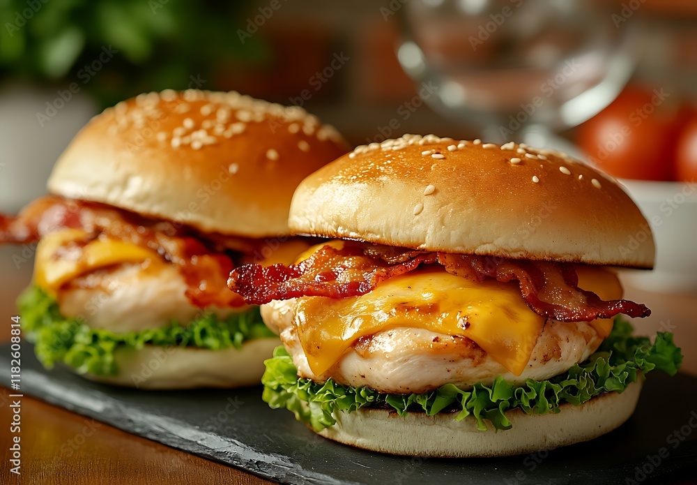 Mouthwatering chicken burgers with bacon and cheese on buns, on a restaurant table close up. Goblet shot. Food concept, raw style. Mouthwatering chicken burgers with bacon and cheese on buns, on a restaurant table close up. Goblet shot. Food concept, raw style.