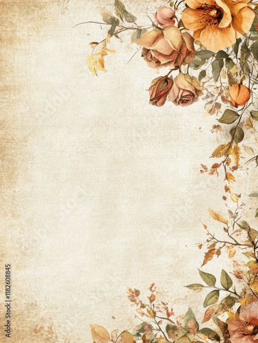 Vintage floral border on textured paper background.