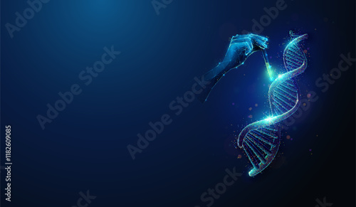 Abstract illustration of low poly hand cure human dna helix made of neon glowing particles. Blue geometric background on human genome