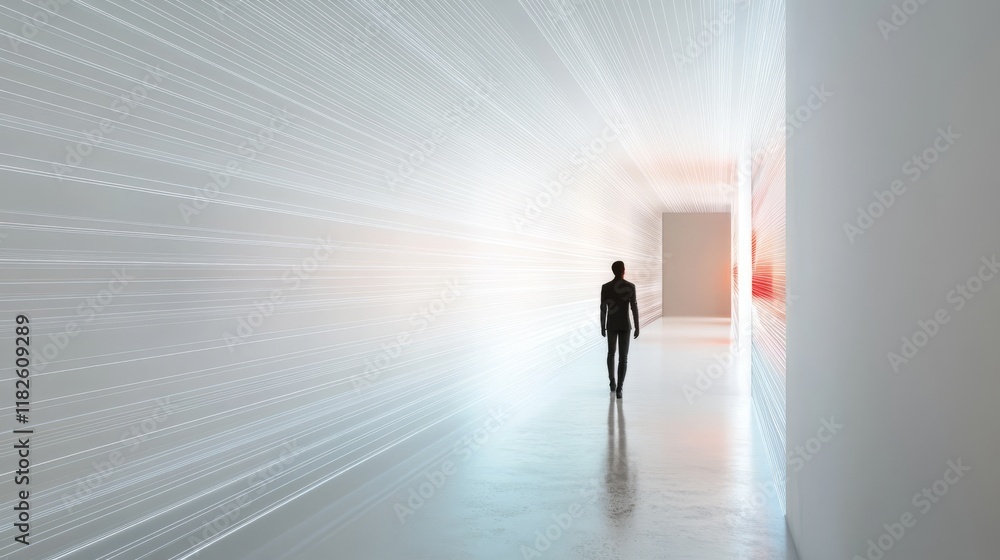 Silhouette of young male walking through futuristic corridor with light trails Silhouette of young male walking through futuristic corridor with light trails
