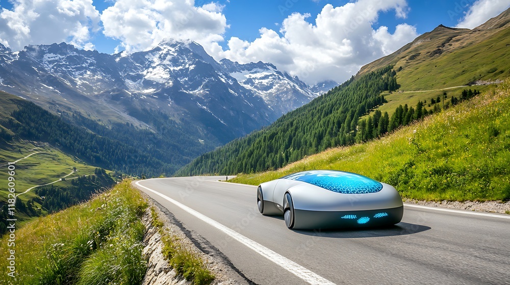 Futuristic Hydrogen Car on Open Road Futuristic Hydrogen Car on Open Road