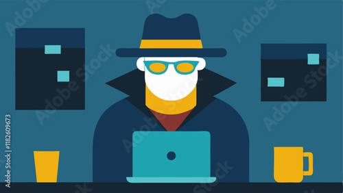 Undercover Operation An illustration of a plainclothes detective disguised as a hacker blending in at a coffee shop while monitoring the suspect.