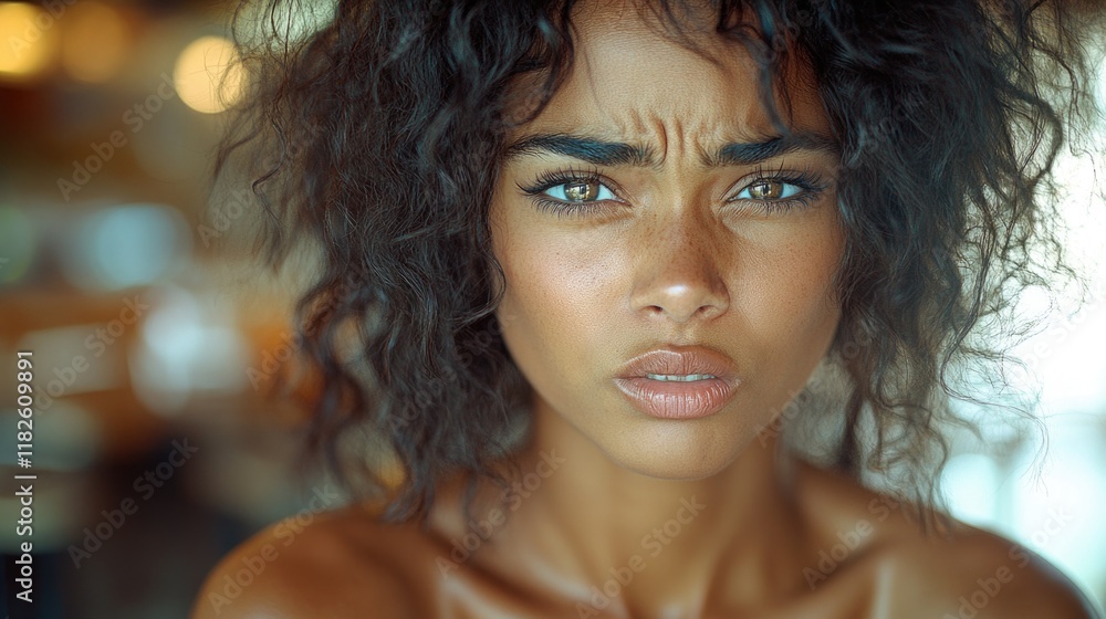 Close up of a woman's face with curly and messy hair, great for beauty or lifestyle concepts Close up of a woman's face with curly and messy hair, great for beauty or lifestyle concepts