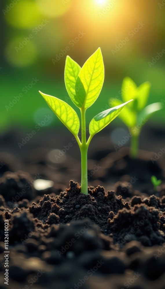 Fototapeta premium Bright sunlight illuminates young saplings pushing through dark earth , spring, stock photo