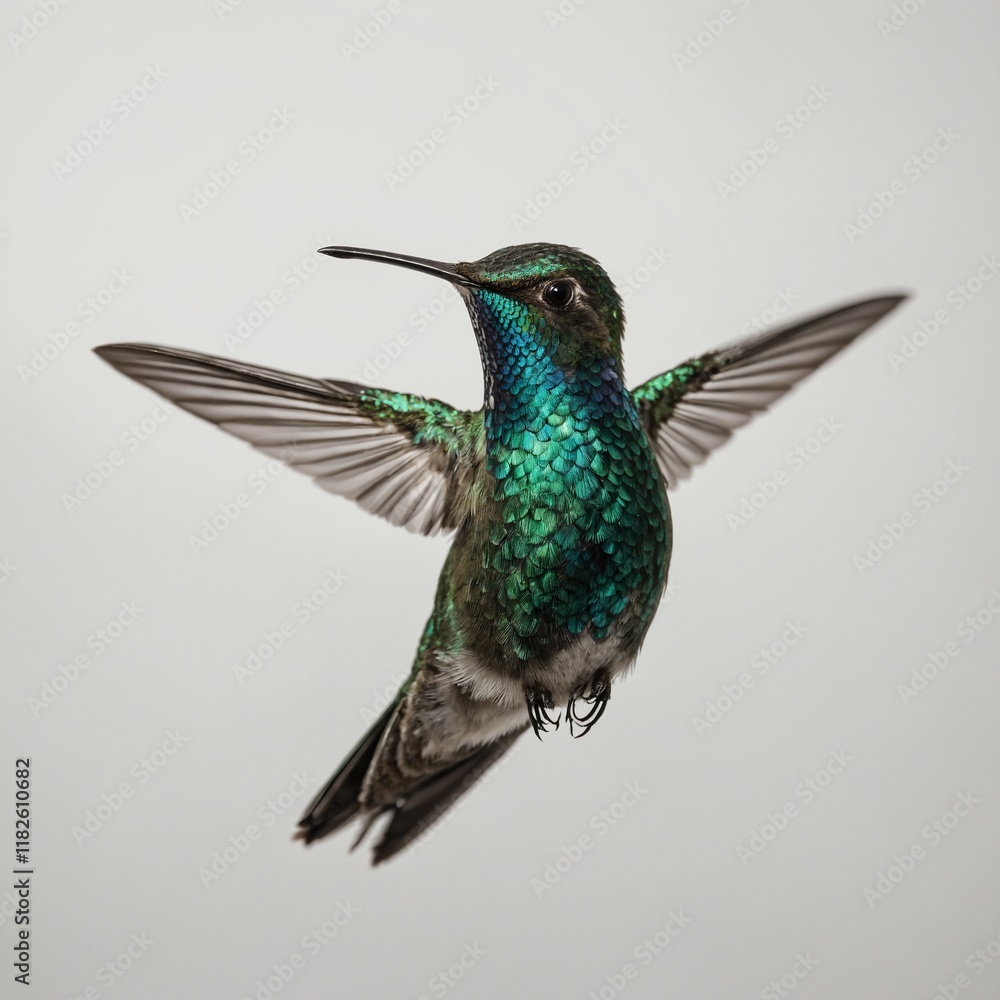 Fototapeta premium A tiny hummingbird with metallic green feathers in mid-flight on a white background.