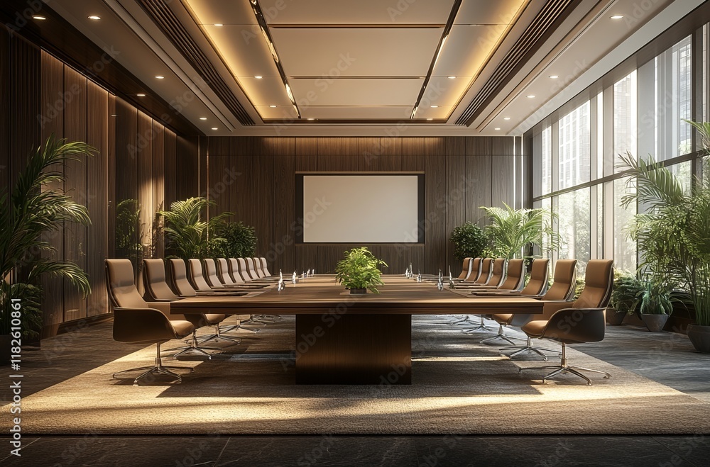 Modern office conference room with long table and chairs in sunlit environment Modern office conference room with long table and chairs in sunlit environment