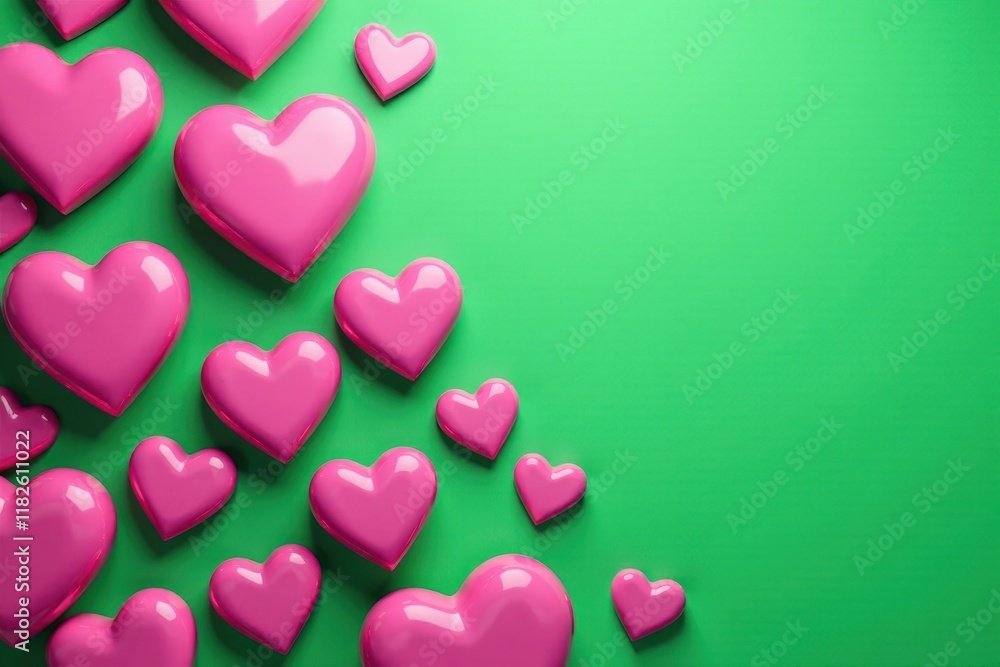 Fototapeta premium Repetitive pink hearts, vibrant green backdrop, happy, simple