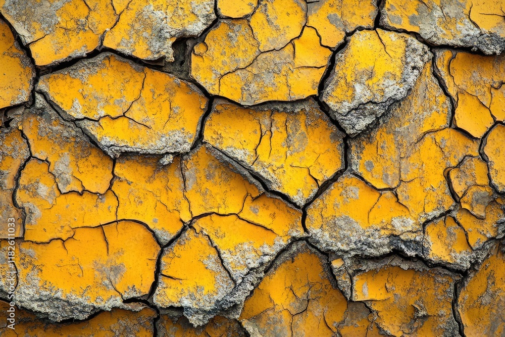 A close-up view of a cracked surface with yellow paint, suitable for use in illustrations or design concepts A close-up view of a cracked surface with yellow paint, suitable for use in illustrations or design concepts