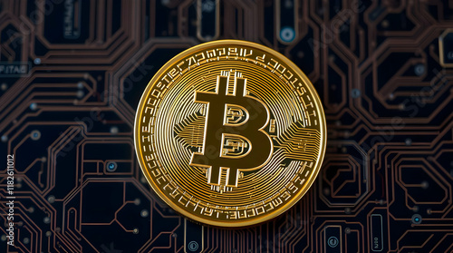 High-resolution close-up of a gold Bitcoin coin with intricate details, placed on a dark background, symbolizing the cryptocurrency world and digital financial innovation. photo