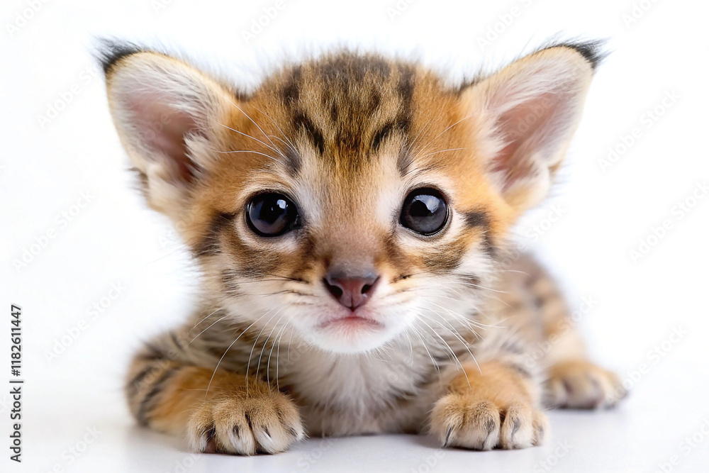 Fototapeta premium Adorable tiny tabby kitten lying down on white background.