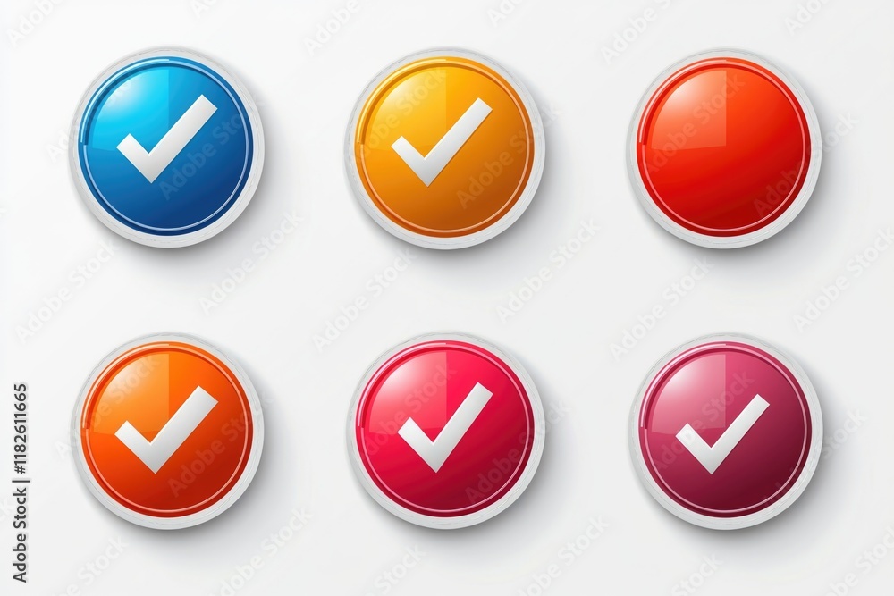 Set of colorful buttons with check marks, suitable for graphic design and user interface projects Set of colorful buttons with check marks, suitable for graphic design and user interface projects