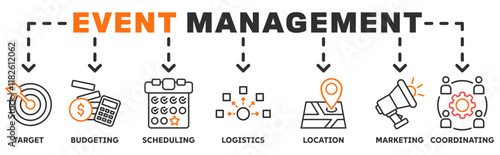 Event management banner web icon concept illustration with target, budgeting, scheduling, logistics, location, marketing, and coordination