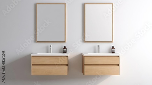 Dual floating vanities with separate mirrors, clean and symmetrical layout