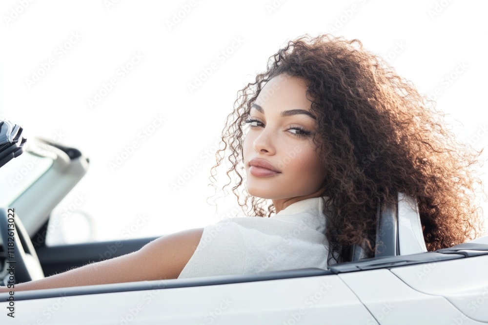 A woman sits in the driver's seat of a white vehicle, her curly hair noticeable A woman sits in the driver's seat of a white vehicle, her curly hair noticeable