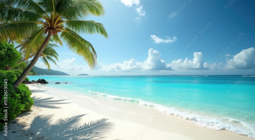 Arafly palm trees line the beach of a tropical island Arafly palm trees line the beach of a tropical island