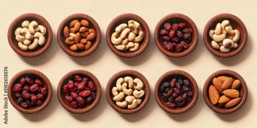 Assorted nuts and dried fruits arranged in wooden bowls on beige background Assorted nuts and dried fruits arranged in wooden bowls on beige background