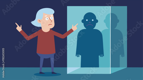 Witness Observation A witness a middleaged person with a nervous expression stands behind a glass panel pointing directly at one of the shadowy figures in the lineup.