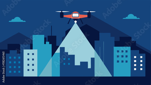Urban Search A drone surveying a wide urban area equipped with a spotlight illuminating hidden spots where a suspect may be hiding.
