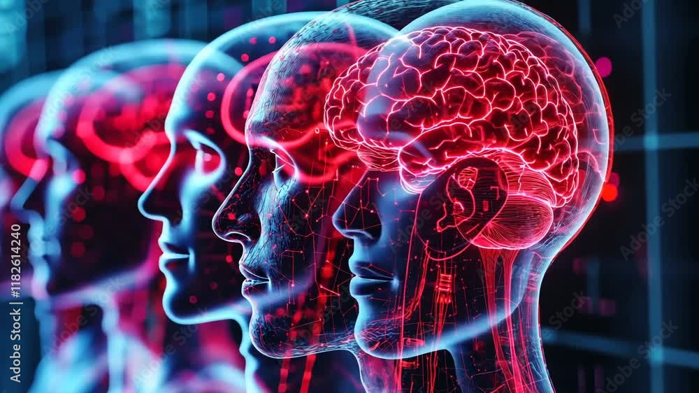 3D Medical Illustration of Human Brain Anatomy and X-Ray Scan with Spine and Skull Details